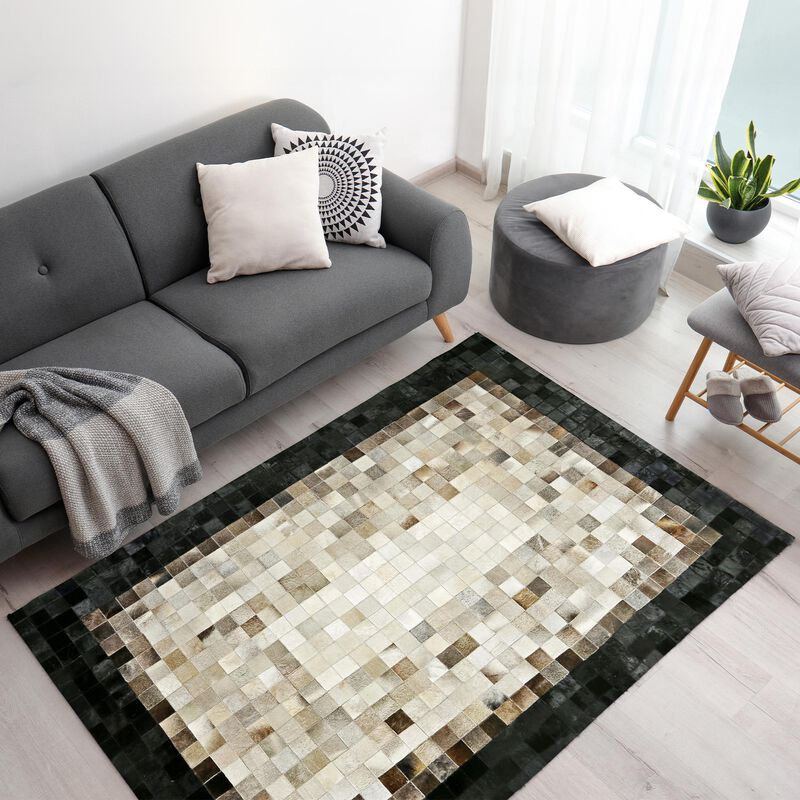 Genuine Beige Cowhide Patchwork Rug with Black Border image number 2