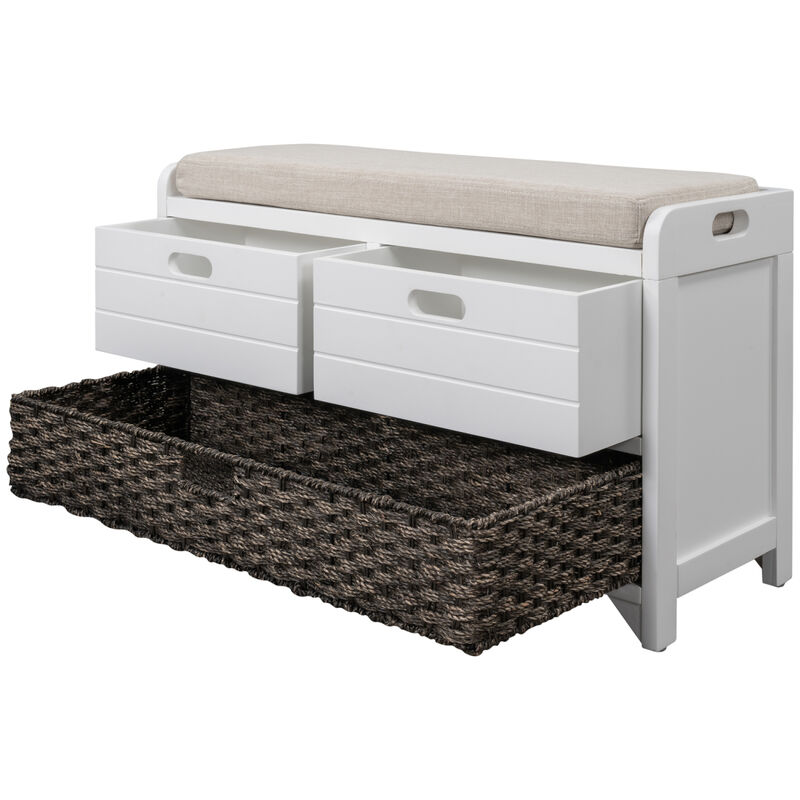 Storage Bench With Removable Basket And 2 Drawers, Fully Assembled Shoe Bench