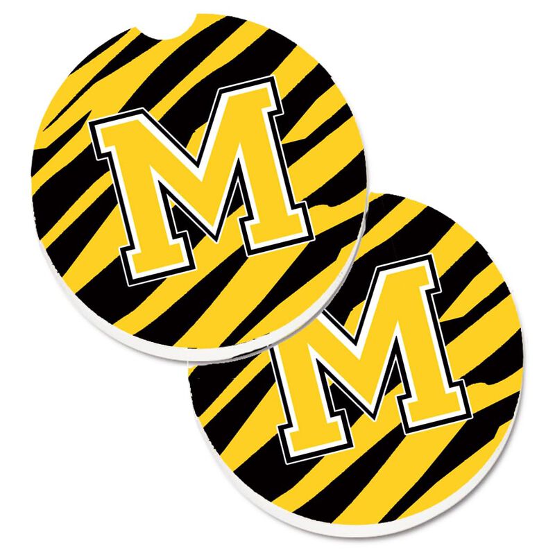 Caroline's Treasures Monogram Initial M Tiger Stripe - black Gold Set of 2 Cup Holder Car Coasters CJ1026-MCARC, 2.56, Multicolor