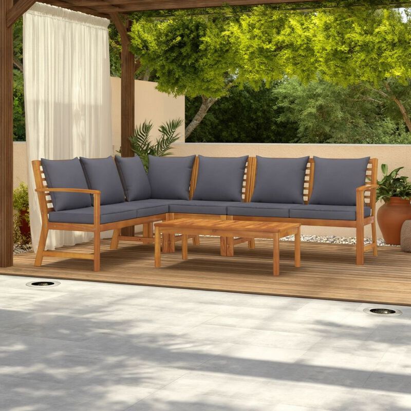 Roma 5pc Outdoor Modular Sofa and Chair Set, Brown Wood Coffee Table - Benzara