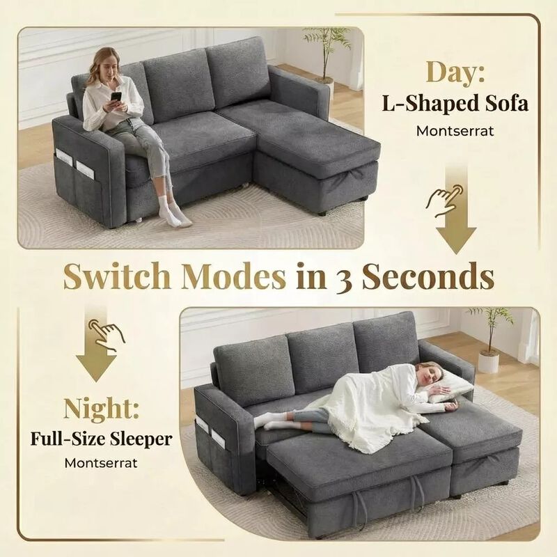 81" Sleeper Sofa Bed, 2 in 1 Pull Out Couch, Sectional Sofa with Reversible Storage, Side Pockets image number 4