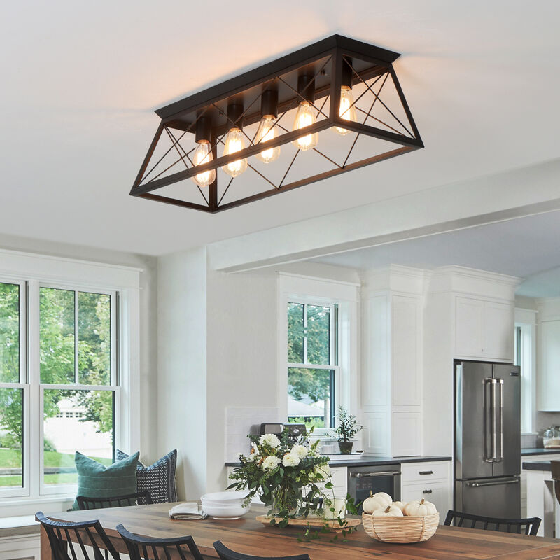 5-Light Flush Mount Lighting Rectangular Farmhouse Caged Low Ceiling Light image number 3