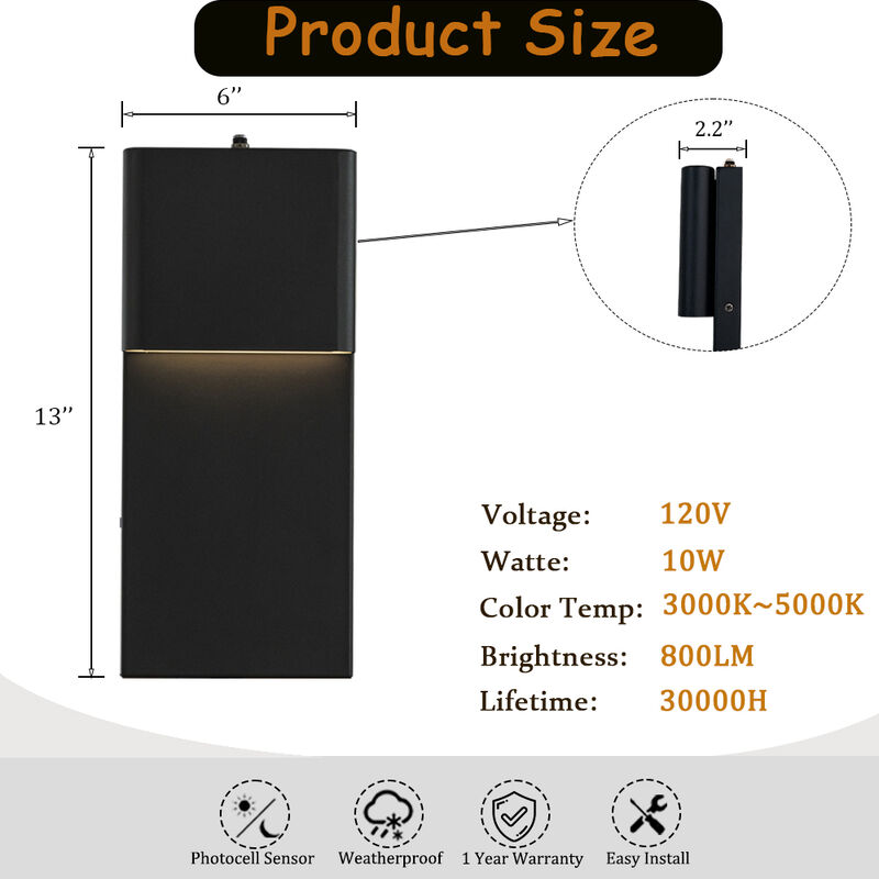 1-Light H13 in Modern Simple Square 10W Integrated LED Outdoor Wall Sconce with Dusk to Dawn Sensor in Matte Black for Porch Patio image number 6