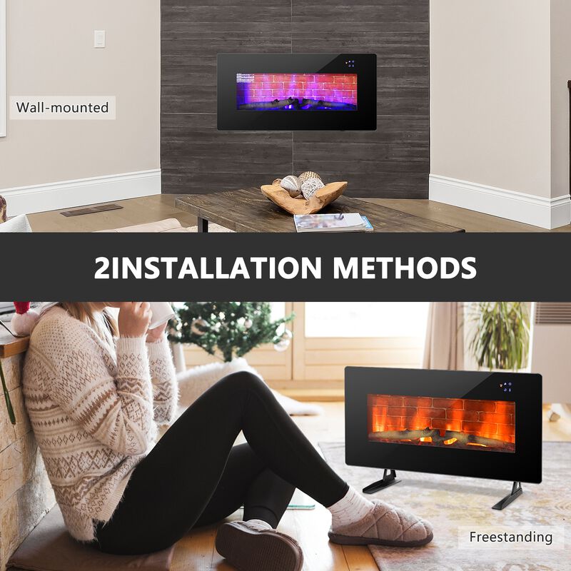 36 Inch Electric Wall Mounted Freestanding Fireplace with Remote Control-Black