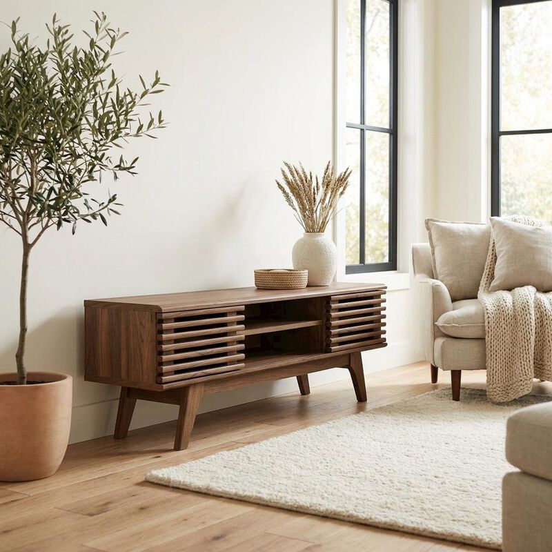 Wooden brown media console, 46-inch top, sturdy legs, modern living spaces image number 4
