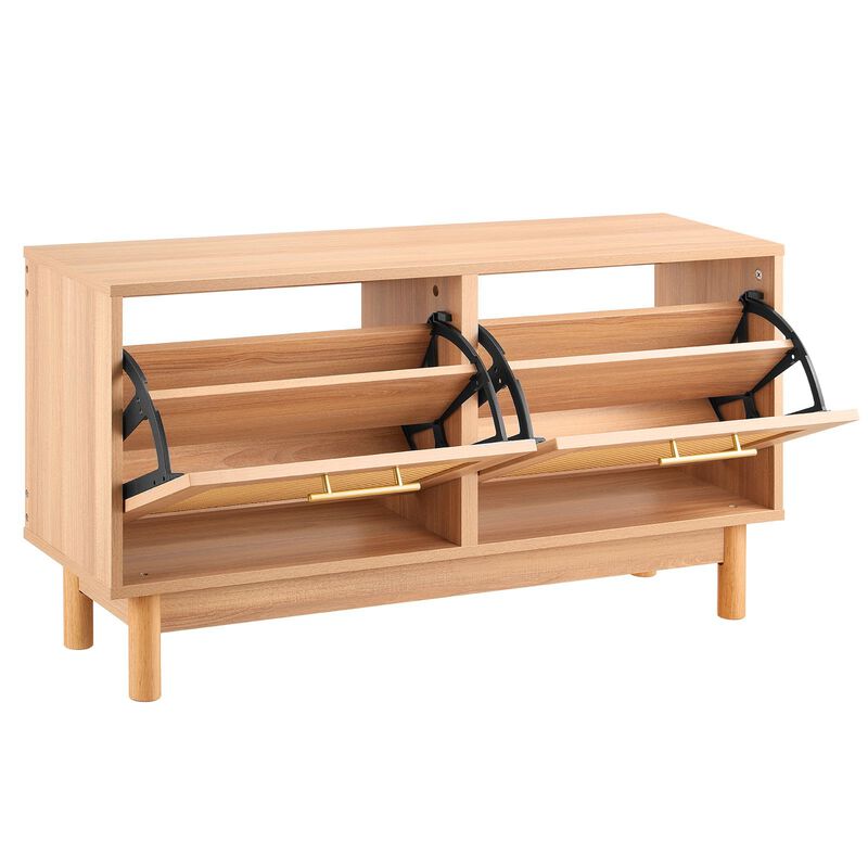 Rattan Shoe Storage Bench, Entryway Bench with 2 Flip Drawers & Compartments image number 8
