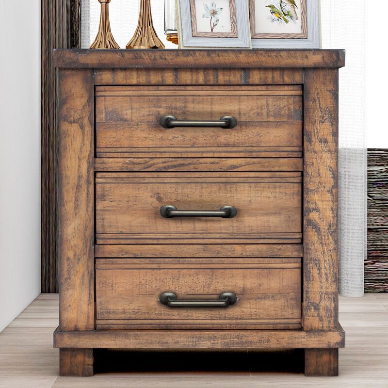 Rustic Nightstand with Drawers &ndash; Reclaimed Solid Wood Farmhouse Bedside Table with Three Storage Drawers