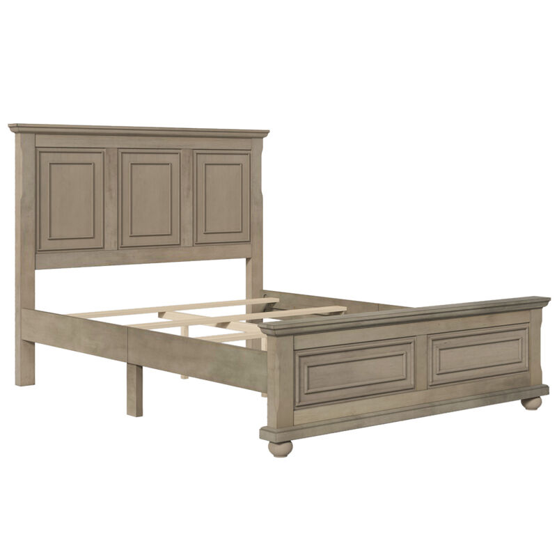 Traditional Town and Country Style Pinewood Vintage Queen Bed, Stone
