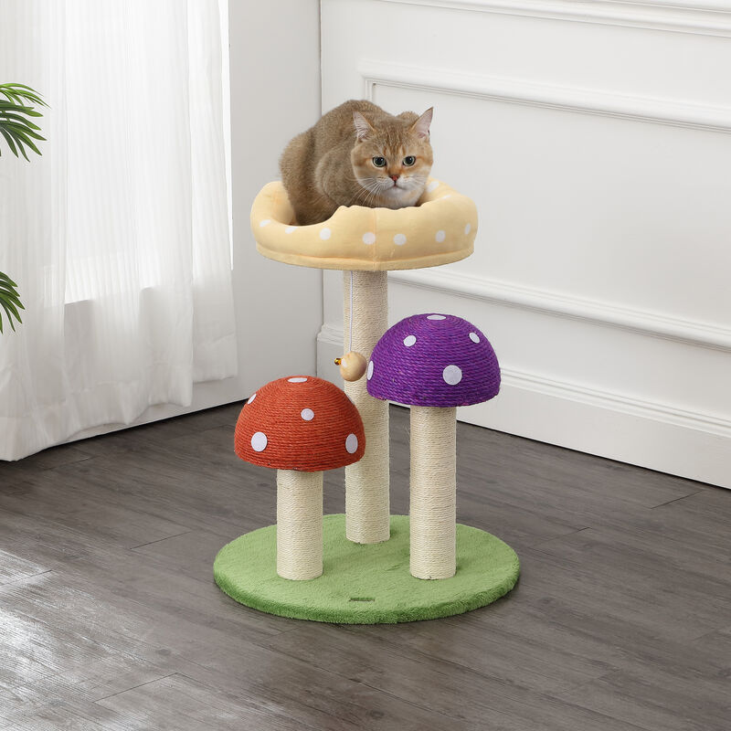 Pixie 22.5" 3-Tier Cottage Sisal Mushroom Cat Tree with Scratching Posts, Napping Perch, and Dangling Bell Toy, Multi
