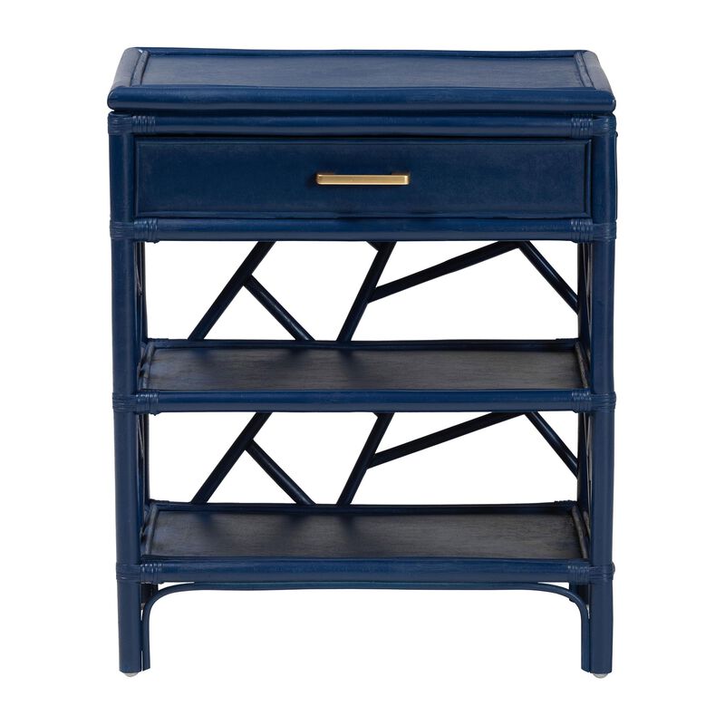 bali & pari Daina Natural Rattan Nightstand with Drawer and Open Shelves– Coastal Bedside Table with Geometric Design, Blue