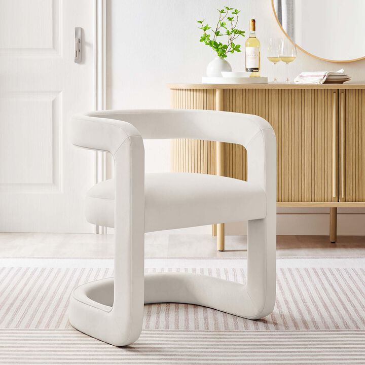 Modway Winslow Stain-Resistant Performance Velvet Dining Chair in Alabaster - Open Back Barrel Armchair - Upholstered Dining Chair - Cozy Reading Chair or Velvet Vanity Chair