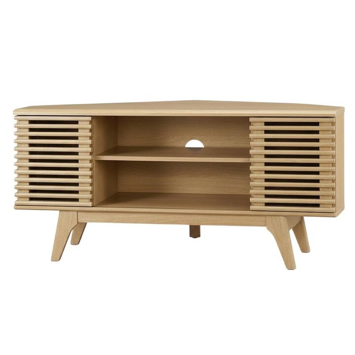 Brown wooden 46-inch corner TV stand with open shelving and versatile design