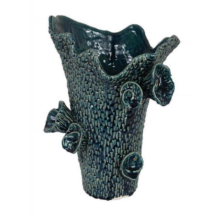 17 Inch Vase with Barnacle Design And Floral Details, Blue Ceramic Finish - Benzara