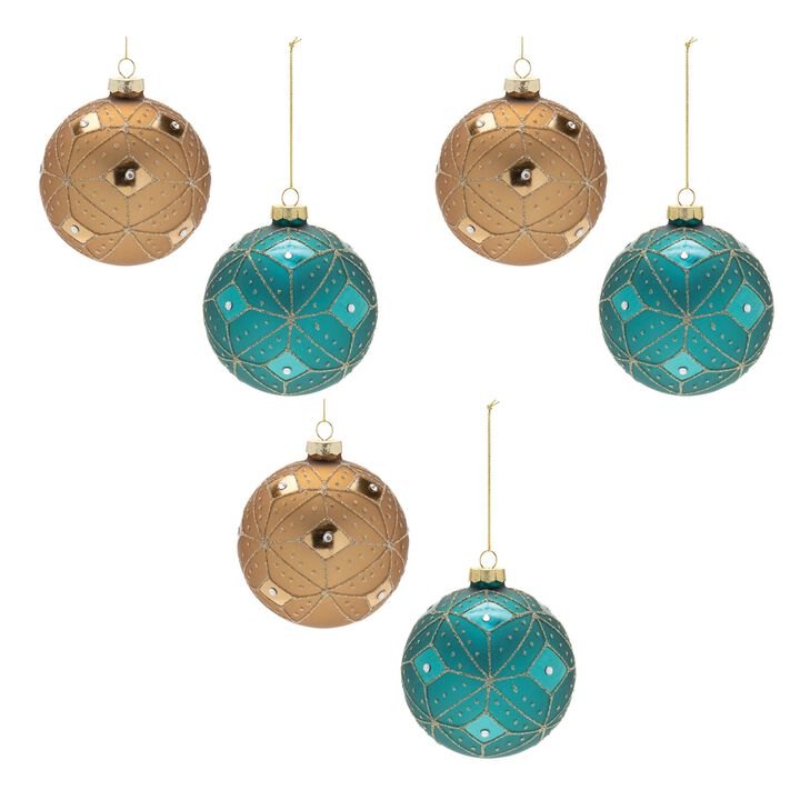 Set of 6 Glittered Geometric Glass Ornaments – Elegant Holiday Baubles for Tree, Wreath, or Garland Décor