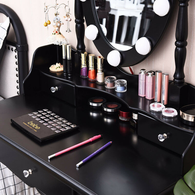 Vanity Set with Oval LED Mirror, 10 Dimmable Bulbs & 3 Drawers