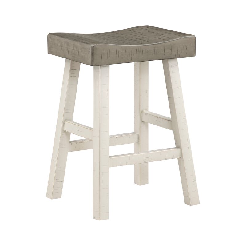 Casy 25 Inch Counter Height Stool, Saddle Seat, White Rubberwood, Set of 2