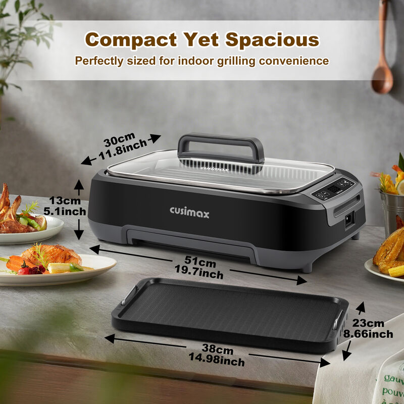 Cusimax 1500W Smokeless Indoor Grill, Electric Grill with Non-stick Removable Grill Plate, BBQ Grill with LED Smart Display & Tempered Glass Lid image number 2