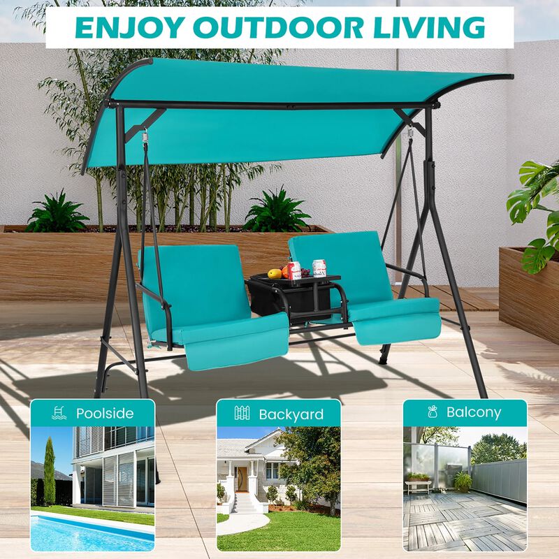 Mondawe 2-Person Canopy Metal Porch Swing Padded Chair with Cooler Bag Rotatable Tray