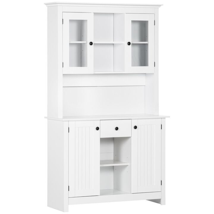 Freestanding Rustic Buffet with Hutch, 4 Door Farmhouse Kitchen Pantry Cabinet, Microwave Stand with Beadboard Panel, Drawer and Adjustable Shelves, White