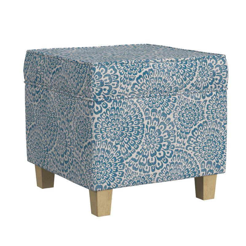 Pyp Square Storage Ottoman, 18 Inch Blue Ivory Floral Fabric, Brown - Benzara image number 0