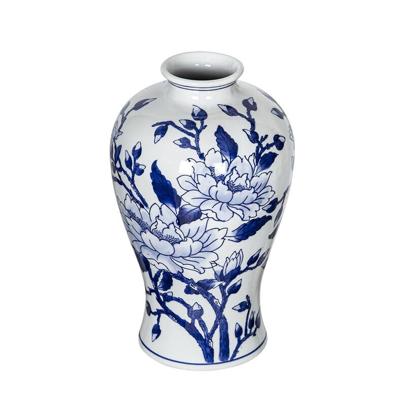 HomeRoots 13" Blue And White Floral Chinoiserie Round Porcelain Table Vase image number 2