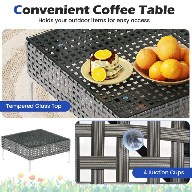 Hivvago 3 Pieces PE Rattan Conversation Chairs with Tempered Glass Coffee Table for Garden Porch