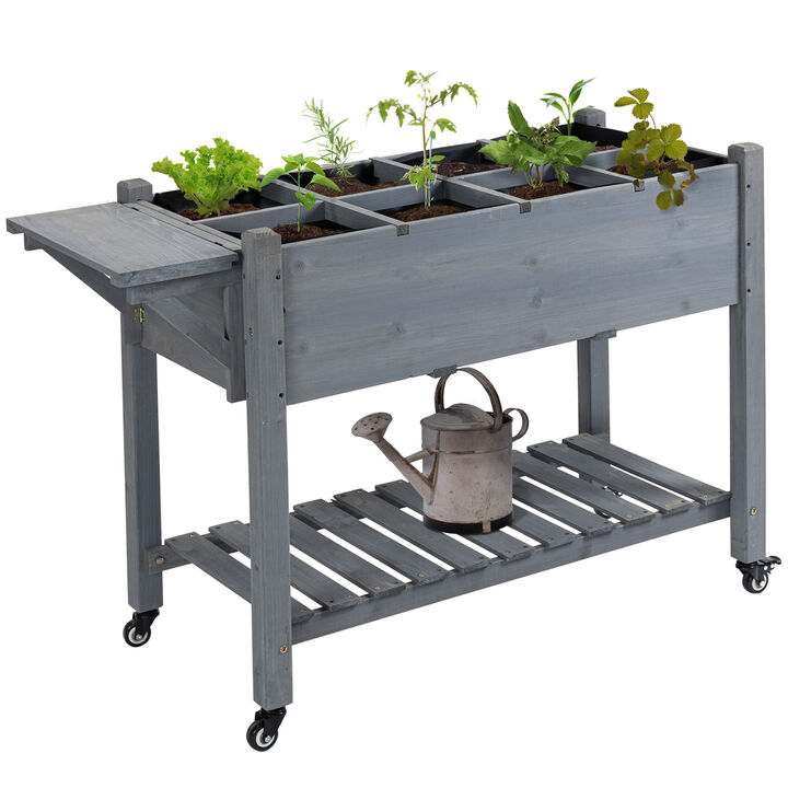 Outsunny Raised Garden Bed with 8 Grow Grids, Wooden Outdoor Plant Box Stand with Folding Side Table and Wheels, 49" x 21" x 34",  for Vegetables, Flowers, Herbs, Gray