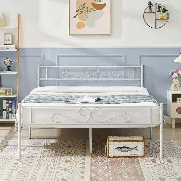 Hivvago Queen White Metal Platform Bed Frame with Headboard and Footboard
