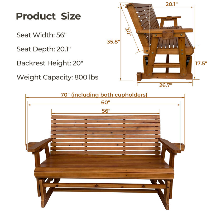 Wooden Patio Glider Bench with Cup Holders, High Roll Back and Deep Contoured Seat, Heavy Duty 800 Lb for Outdoor Porch Garden (3-Person) image number 2