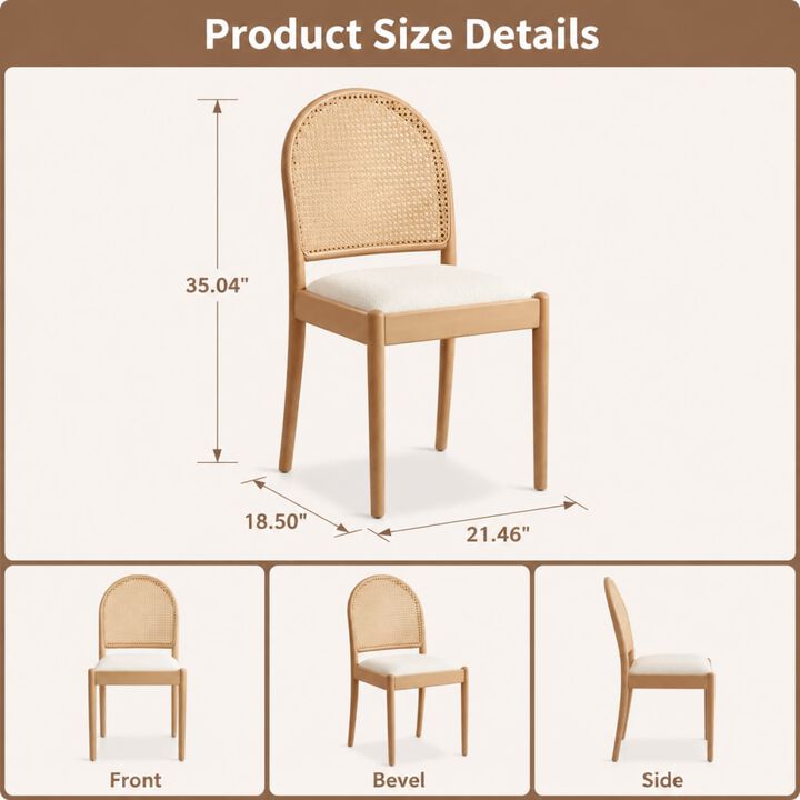 GOODSILO Set of 2 Rattan Backrest Dining Chairs, Upholstered Armless Kitchen Chairs with Padded Seats and Solid Wood Legs for Dining and Kitchen Use