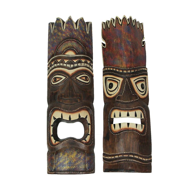 Set of 2 Stained and Painted Wood Polynesian Style Tiki Masks 20 Inches High image number 0