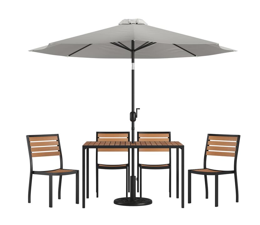 Flash Furniture Lark 7 Piece Patio Table Set - 4 Synthetic Stackable Faux Teak Chairs - 30" x 48" Faux Teak Table - Gray Umbrella with Base