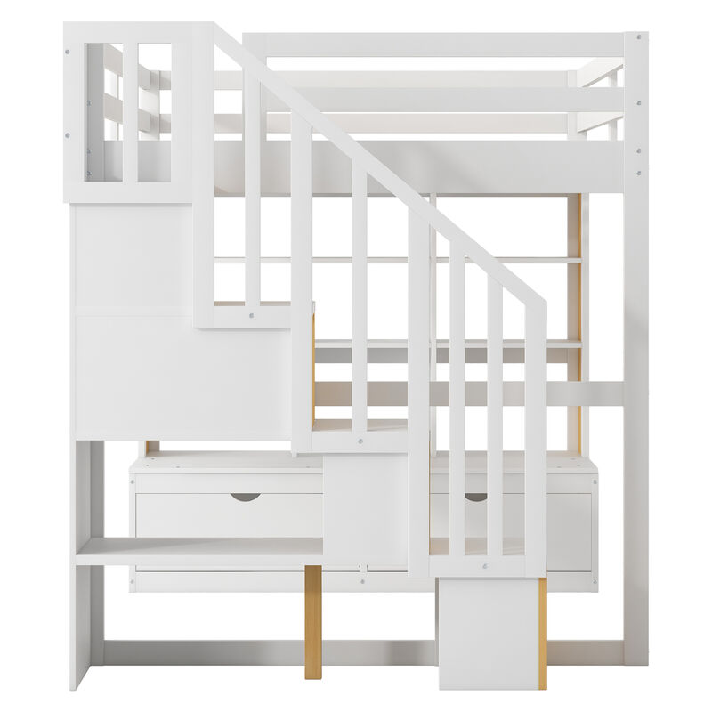 Whisen Full Size Loft Bed with Desk and Shelves, Two Built-in Drawers, Storage Staircase-Natural and White