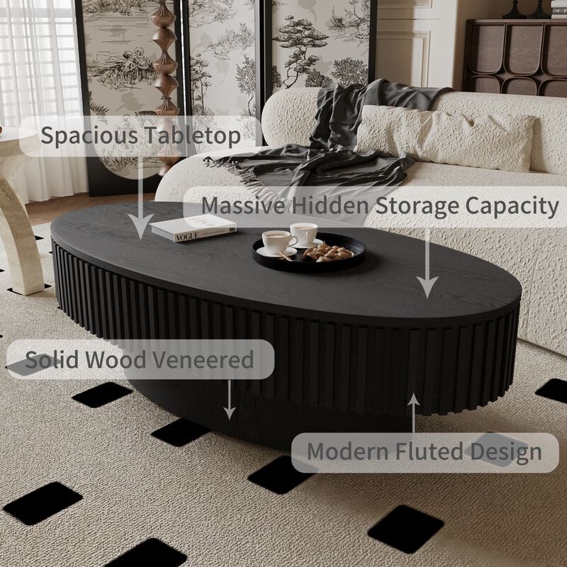 Oval coffee table with storage Solid wood veneer and MDF modern coffee table with fluted base Accent tea coffee table for living room image number 6