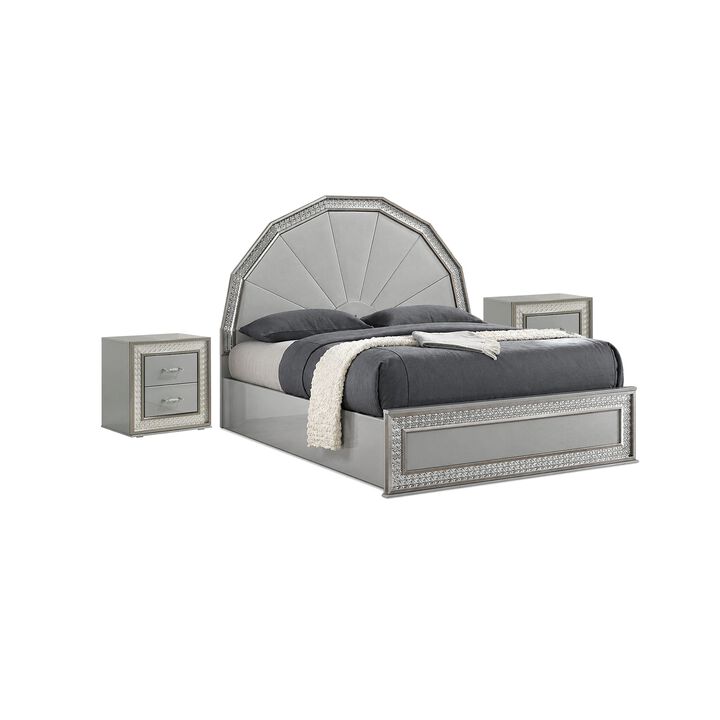 3pc King Bedroom Set, Metallic Gray, Silver Wood, 2 Nightstands