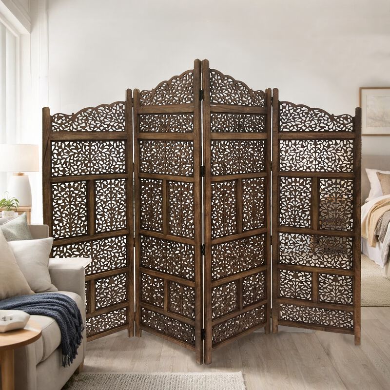 Benzara Hand Carved Foldable 4 Panel Wooden Partition Screen/RoomDivider,Brown image number 4