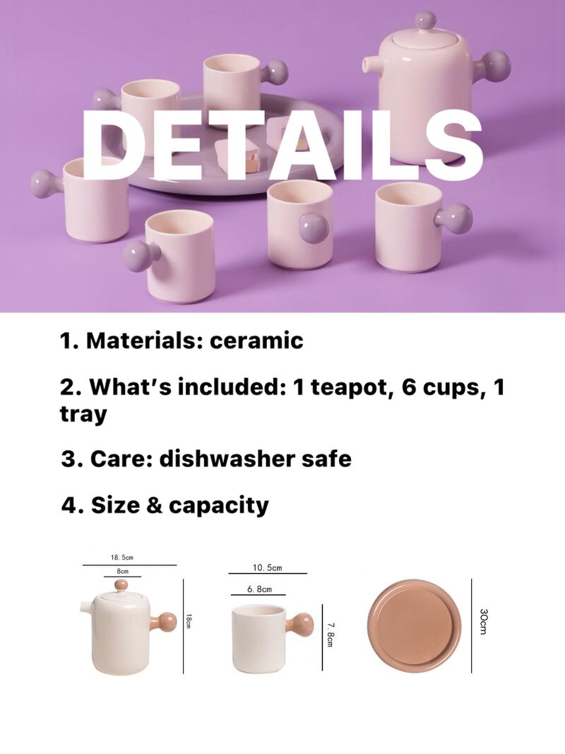 Toffee  Ceramic Tea Pot Tea Cup Set of 8 Pcs with 1 pot, 1 tray & 6 cups image number 5