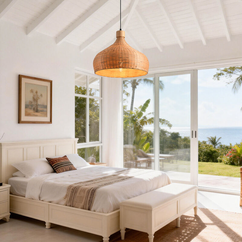 17.7" Boho Handwoven Bamboo Light Brown Dome Pendant Light for Living Room, Dining Room and Kitchen Island