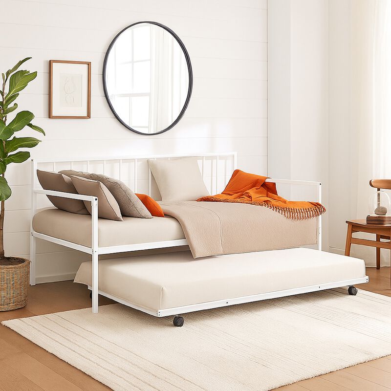 Ham Daybed with Pull Out Trundle, White Slatted Open Metal Frame image number 1