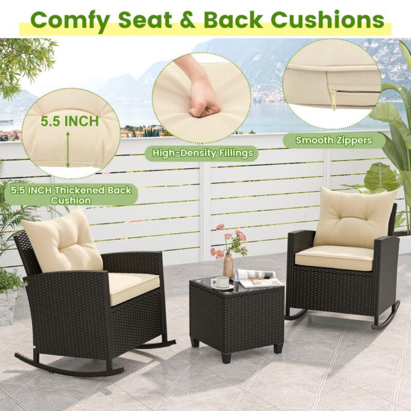 Hivvago 3-Piece Patio Rattan Roker Chairs with Tempered Glass Table and Soft Cushions image number 5