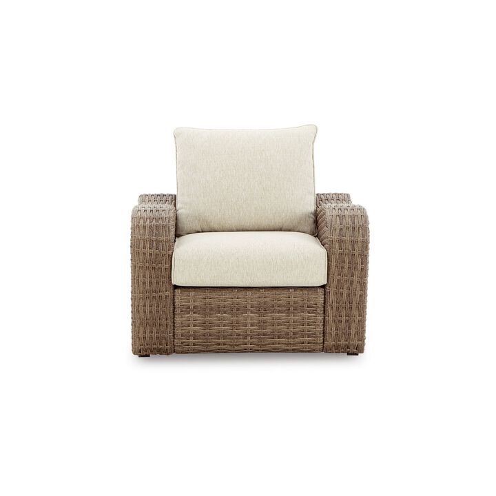 Julia 38 Inch Outdoor Chair, Cushion, Handwoven Resin Wicker, Beige Fabric - Benzara