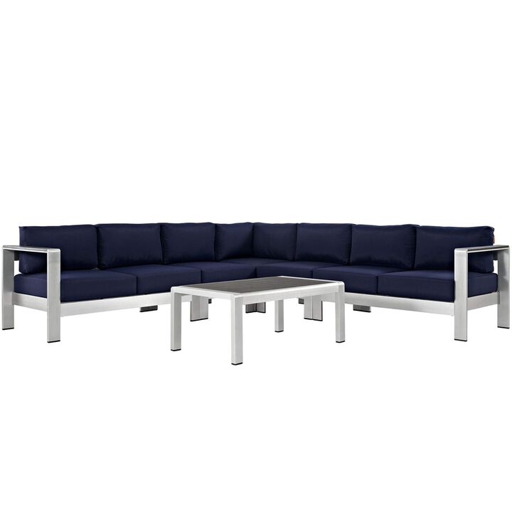 Shore Outdoor Patio Collection - Durable & Stylish Aluminum Sectional Sofa Set with Coffee Table - Silver Navy