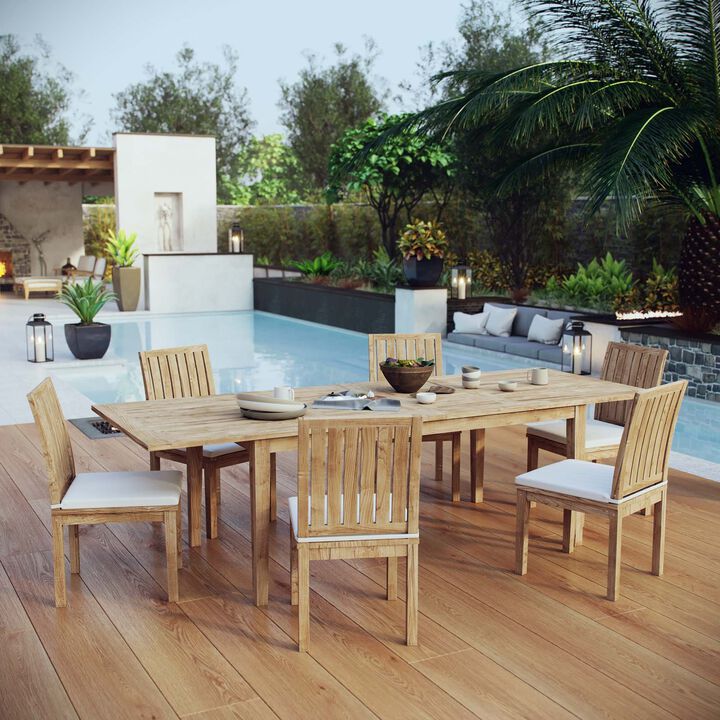 Modway EEI-3207-NAT-WHI-SET Marina Premium Grade A Teak Wood 7-Piece Outdoor Patio Dining Furniture Set, Six Side Chair/One Table, Natural White