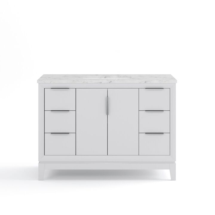 Elizabeth 48 In. Single Sink Carrara White Marble Countertop Bath Vanity In Pure White with Brushed Silver Hardware