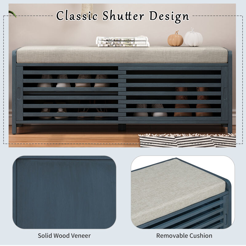 Whisen Distressed Shutter Storage Bench with Acacia Veneer for Living Room, Entryway - Gray
