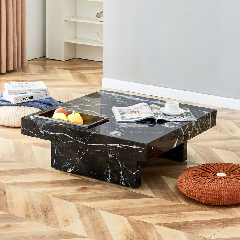 A modern and practical coffee table made of MDF material with black patterns. The fusion of elegance and natural fashion 31.4"x31.4"x12"