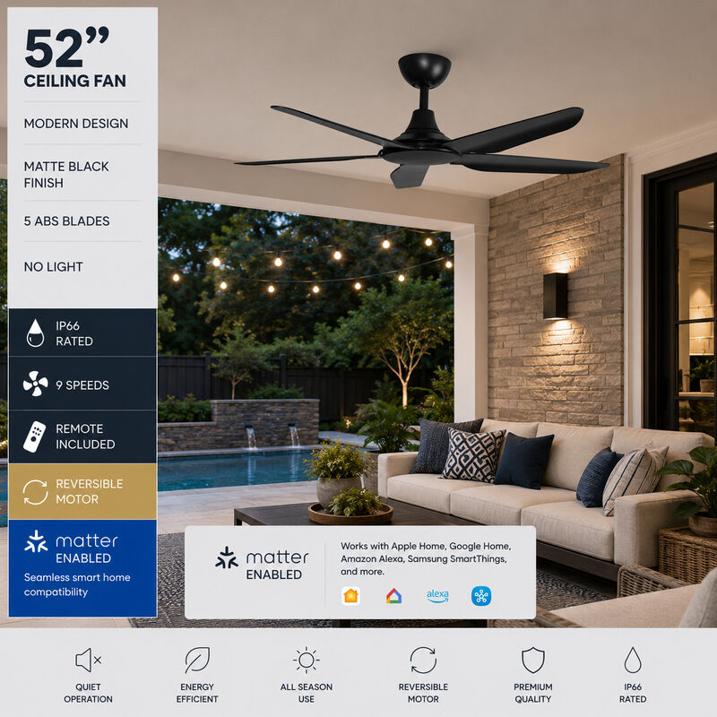 ENLIGHT 52" Smart DC Ceiling Fan, IP66 Outdoor/Coastal Rated, Matter Smart Home Integration, 5 Blades image number 1