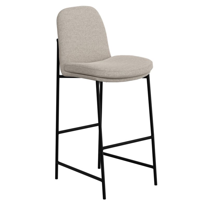 Revee Barstool Chair, Black Iron Frame, Water-Resistant Beige Polyester - Benzara