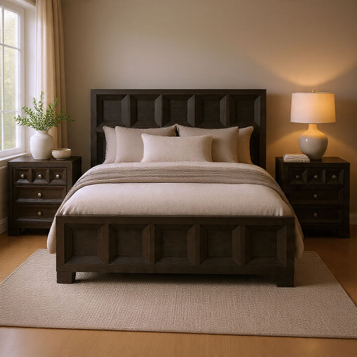 Queen Bedroom Set, Weathered Black Wood, 3 Piece Set with 2 Nightstands