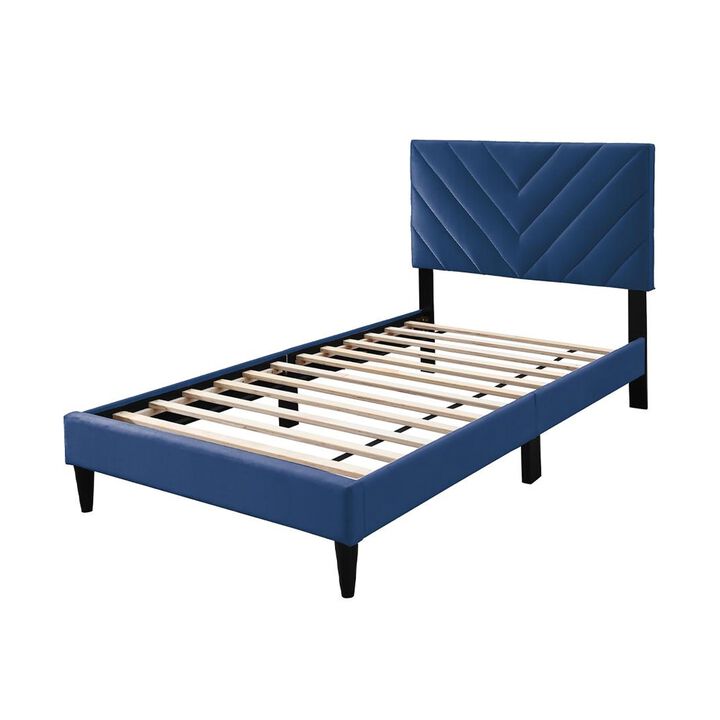 Lilian Full Bed, Tufted Navy Blue Velvet Upholstery, Chevron Stitch - Benzara